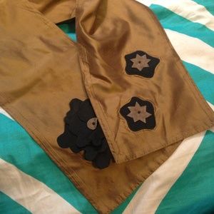 Longchamp Silk Scarf - Deep Gold with Black Felt Flowers